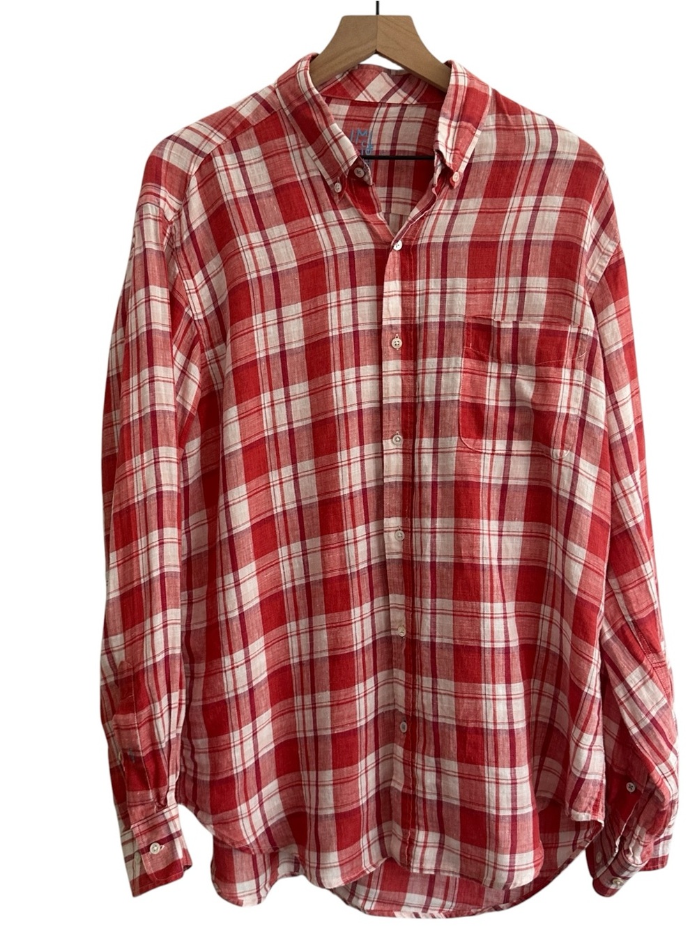 J McLaughlin Mens Shirt Large Red White Plaid‎ Linen Beach Vacation